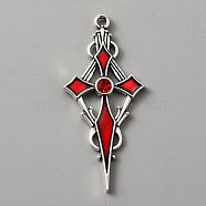 Siam Rhinestone Cross Pendatn with Red Enamel, Alloy Pendant, Antique Silver, 47.5x21.5x4mm, Hole: 1.8mm(ENAM-WH0001-06AS-04)