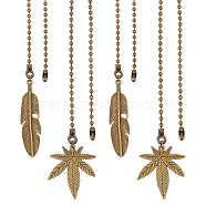 1 Set Tibetan Style Alloy Ceiling Fan Pull Chain Extenders, with Iron Ball Chains, Iron Bead Tips, Feather & Hemp Leaf Shape, Antique Bronze, 342x3mm, 2 style, 2pcs/style, 4pcs/set(AJEW-AR0001-58)