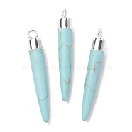 Synthetic Turquoise Brass Pendants, Cadmium Free & Lead Free, Bullet Shaped, Silver Color Plated, 33~37x4~5mm, Hole: 2mm(G-B025-02P-05)