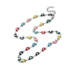 Moon with Evil Eye Enamel Link Chain Necklace, 304 Stainless Steel Necklace, Colorful, 17.83 inch(45.3cm)(NJEW-G117-02P-01)