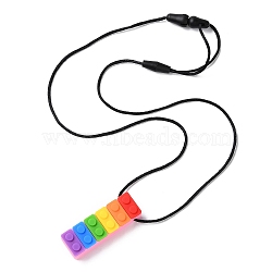 Rainbow Building Blocks Food Grade  Silicone Pendant Molar Stick Nursing Necklaces, Chewing Beads For Teethers, Colorful, 465~880x1.5mm, Pendants: 59.5x19.5x12.5mm(SIL-Z004-02A)
