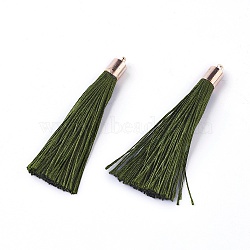 Polyester Tassel Big Pendant Decorations, with Alloy Finding, Golden, Dark Olive Green, 58~65x7~25mm, Hole: 1.5mm(X-FIND-E018-D14)