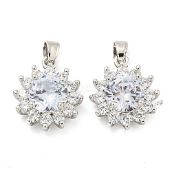 Brass Micro Pave Clear Cubic Zirconia Pendants, Flower, Platinum, 16.5x14.5x6.5mm, Hole: 5x3mm(FIND-Z044-10P)