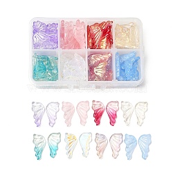 120Pcs 8 Colors Transparent Spray Painted Glass Pendants, with Glitter Powder, Butterfly Wings, Mixed Color, 24x12.5x4mm, Hole: 1.4mm, 15pcs/color(GLAA-SZ0001-43)