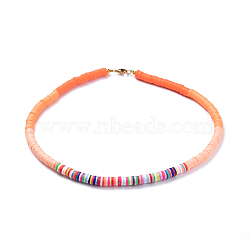 Handmade Polymer Clay Heishi Beaded Necklaces, with Brass Spacer Beads and 304 Stainless Steel Findings, Orange Red, 15.9~16.1 inch(40.5~41cm)(NJEW-JN02449-01)