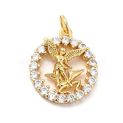 Rack Plating Brass Micro Pave Cubic Zirconia Pendants, Flat Round with Fairy Charm, Long-Lasting Plated, with Jump Rings, Cadmium Free & Lead Free, Real 18K Gold Plated, 18.5x16x3.5mm, Hole: 3mm(KK-K270-33G)