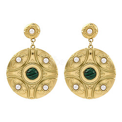 304 Stainless Steel Stud Earrings For Women, Real 18K Gold Plated, with Plastic Pearl and Malachite, Flat Round, 55x37mm(EJEW-B110-05G-04)