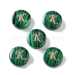 Synthetic Malachite Beads, with Golden Tone Brass Slices, Flat Round with Letter, Letter K, 15x5mm, Hole: 1.4mm(G-A238-01K)