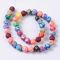 Handmade Polymer Clay Beads, Round with Floral Pattern, Mixed Color, 10mm(FIMO-10D-3)