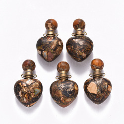 Heart Assembled Natural Bronzite and Synthetic Imperial Jasper Openable Perfume Bottle Pendants, with Brass Findings, Dyed, Peru, Capacity: 1ml(0.03 fl. oz), 37.5~38.5x22x13mm, Hole: 1.8mm(G-R484-01F)