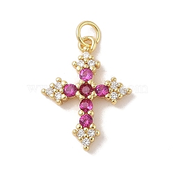 Rack Plating Brass Micro Pave Cubic Zirconia Pendants, with Jump Ring, Long-Lasting Plated, Cadmium Free & Lead Free, Corss, Medium Violet Red, Real 18K Gold Plated, 22x17x3mm, Hole: 3.5mm(KK-Z047-08G-02-RS)