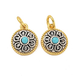 Long-Lasting Plated Brass Synthetic Turquoise Pendants, with Jump Rings, Flat Round with Flower, Real 18K Gold Plated, 14.5x12x5.5mm, Hole: 4mm(KK-K387-04A-G)