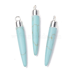 Synthetic Turquoise Brass Pointed Pendants, Cadmium Free & Lead Free, Bullet Shaped, Silver Color Plated, 33~37x4~5mm, Hole: 2mm(G-B025-02P-05)