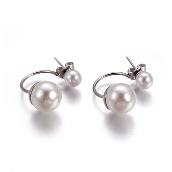 304 Stainless Steel Stud Earrings, with Plastic Beads, Stainless Steel Color, 21~24x10x10mm, Pin: 0.7mm