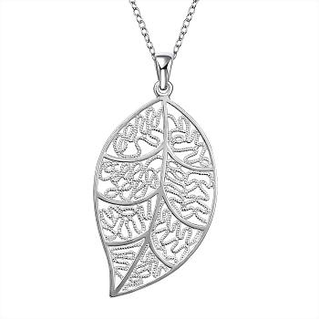 Brass Hollow Leaf Pendants, Silver Color Plated, 61x32mm