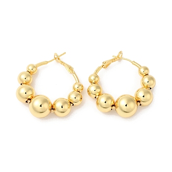 Rack Plating Brass Round Beaded Hoop Earrings, Long-Lasting Plated, Cadmium Free & Lead Free, Real 18K Gold Plated, 35x34x12mm