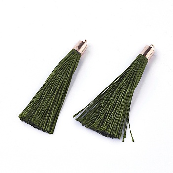 Polyester Tassel Big Pendant Decorations, with Alloy Finding, Golden, Dark Olive Green, 58~65x7~25mm, Hole: 1.5mm