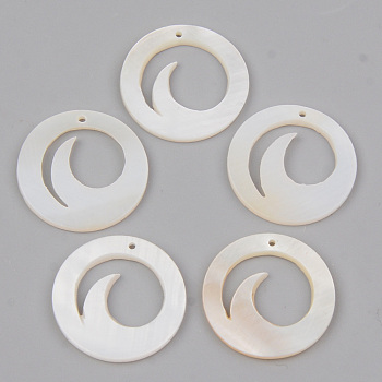 Natural Freshwater Shell Pendants, Flat Round with Wave, Linen, 18x2mm, Hole: 1mm