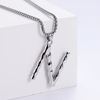 3Pcs Stainless Steel Textured Letter Pendant Box Chain Necklaces, Stainless Steel Color, Letter N