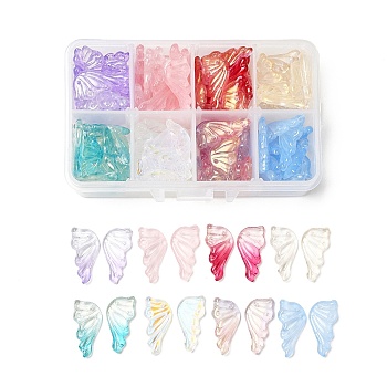 120Pcs 8 Colors Transparent Spray Painted Glass Pendants, with Glitter Powder, Butterfly Wings, Mixed Color, 24x12.5x4mm, Hole: 1.4mm, 15pcs/color