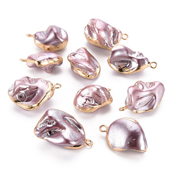 Electroplate Freshwater Shell Pendants, with Golden Iron Edge and Loop, Nuggets, Dyed, Medium Orchid, 21~32.5x14~24x6~21mm, Hole: 1.8mm