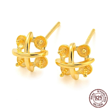 925 Sterling Silver Stud Earring Findings, Earring Settings for Half Drilled Beads, with S925 Stamp, Real 18K Gold Plated, 7.5x7.5mm, Pin: 11x7mm and 0.7mm