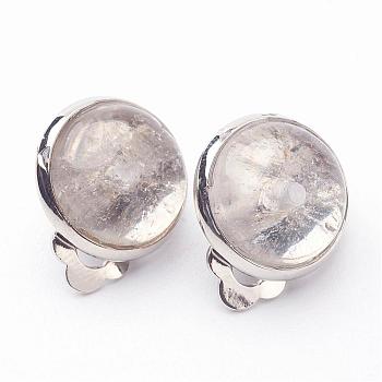 Natural Crystal Brass Clip-on Earrings, Flat Round, Clear, 14x10mm