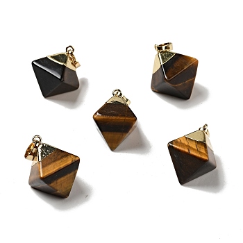 Natural Tiger Eye Pendants, with Golden Tone Brass Findings, Rhoumbus, 24~26x21~23x16~17mm, Hole: 4.5x8mm