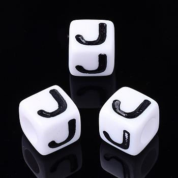 Letter Acrylic Beads, Cube, White, Letter J, Size: about 7mm wide, 7mm long, 7mm high, hole: 3.5mm, about 1664pcs/416g