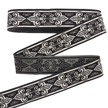 Embroidery Polyester Ribbons, Jacquard Ribbon, Tyrolean Ribbon, Fleur De Lis Pattern, Black, 1-1/4 inch(32mm)