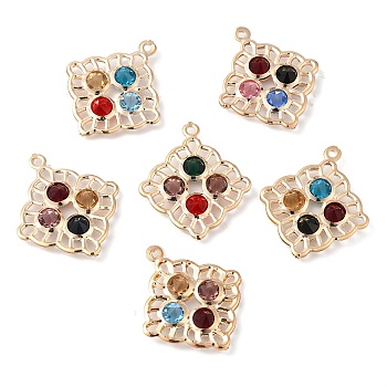 Iron with Glass Pendants, Hollow Rhombus Charm, Mixed Color, 32x28x5mm, Hole: 1.6mm
