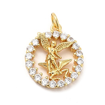 Rack Plating Brass Micro Pave Cubic Zirconia Pendants, Flat Round with Fairy Charm, Long-Lasting Plated, with Jump Rings, Cadmium Free & Lead Free, Real 18K Gold Plated, 18.5x16x3.5mm, Hole: 3mm