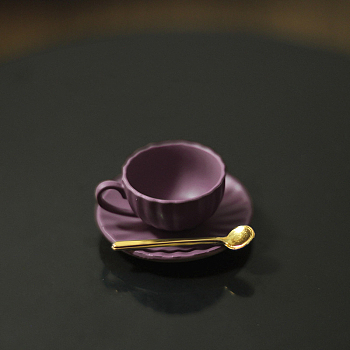 Mini Tea Sets, including Porcelain Teacup & Saucer, Alloy Spoon, Miniature Ornaments, Micro Landscape Garden Dollhouse Accessories, Pretending Prop Decorations, Purple, 5~13x2~10mm, 3pcs/set