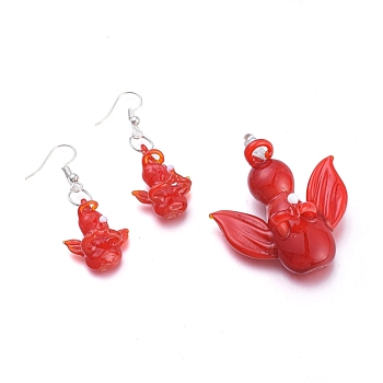 (Jewelry Parties Factory Sale)Handmade Lampwork Jewelry Sets, Pendants and Dangle Earrings, with Brass Earring Hooks, Praying Angel, Platinum, Red, Pendants: 51.5x42x22.5mm, Hole: 1mm, Earrings: 49mm, Pin: 0.5mm