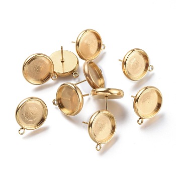 Ion Plating(IP) 304 Stainless Steel Stud Earring Settings, with Loop, Flat Round, Golden, Flat Round: 17x14.5mm, Hole: 1.6mm, Pin: 0.8mm, Tray: 12mm