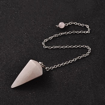 Platinum Tone Brass Rose Quartz Cone Hexagonal Pointed Dowsing Pendulums, with Lobster Claw Clasps, 230x3mm