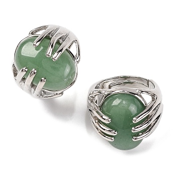 Oval Natural Green Aventurine Finger Ring, Rack Plating Platinum Tone Alloy Hug Adjustable Rings, Cadmium Free & Lead Free, Inner Diameter: 17mm