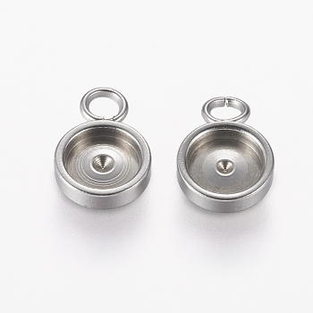 304 Stainless Steel Charm Cabochon Settings, Plain Edge Bezel Cups, Flat Round, Stainless Steel Color, Tray: 6mm, 12x8x2mm, Hole: 2.5mm