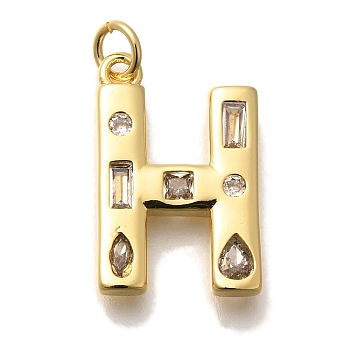 Brass Micro Pave Clear Cubic Zirconia Pendants, with Jump Ring, Lead Free and Cadmium Free, Long-Lasting Plated, Rack Plating, Letter Charms, Real 18K Gold Plated, Letter H, 20.5x13x2.7mm, jump ring: 5x1mm, 3mm inner diameter.