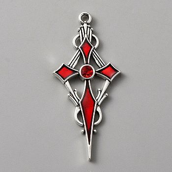 Siam Rhinestone Cross Pendatn with Red Enamel, Alloy Pendant, Antique Silver, 47.5x21.5x4mm, Hole: 1.8mm