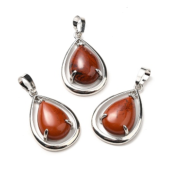 Natural Red Jasper Pendants, Teardorp Charms, with Rack Plating Platinum Tone Brass Findings, Cadmium Free & Lead Free, 30.5x20x8mm, Hole: 8x5mm