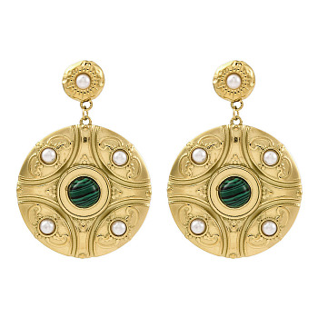 304 Stainless Steel Stud Earrings For Women, Real 18K Gold Plated, with Plastic Pearl and Malachite, Flat Round, 55x37mm