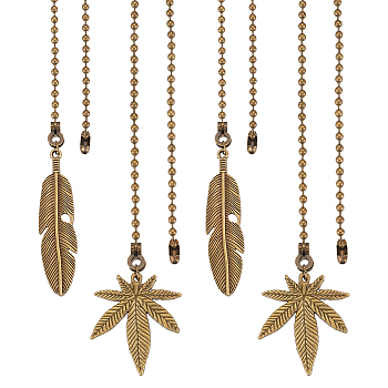 1 Set Tibetan Style Alloy Ceiling Fan Pull Chain Extenders, with Iron Ball Chains, Iron Bead Tips, Feather & Hemp Leaf Shape, Antique Bronze, 342x3mm, 2 style, 2pcs/style, 4pcs/set