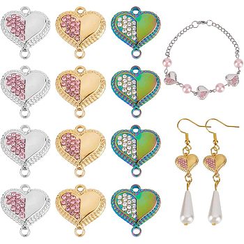 CHGCRAFT 12Pcs 3 Colros 304 Stainless Steel Rhinestone Connector Charms, Heart, Mixed Color, 14x13x3mm, 4pcs/color