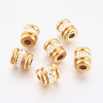 304 Stainless Steel European Beads, with Polymer Clay Rhinestone, Column, Golden, 14x12.5mm, Hole: 5mm