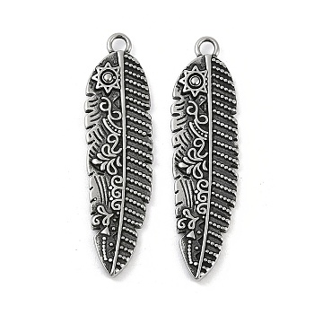 316 Surgical Stainless Steel Pendants, Feather Charm, Antique Silver, 44.5x12x3mm, Hole: 2.5mm