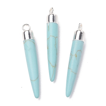 Synthetic Turquoise Brass Pendants, Cadmium Free & Lead Free, Bullet Shaped, Silver Color Plated, 33~37x4~5mm, Hole: 2mm