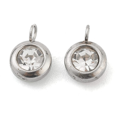 Stainless Steel Color Flat Round Stainless Steel+Rhinestone Pendants
