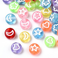 Transparent Spray Painted Acrylic Beads, Star/Moon/Flower/Heart Pattern, Flat Round, Mixed Color, 7x3.5mm, Hole: 1.6mm, about 6250pcs/500g(TACR-N018-01)