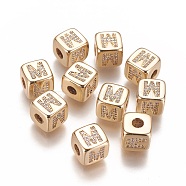 Brass Micro Pave Cubic Zirconia Beads, Horizontal Hole, Real 18K Gold Plated, Long-Lasting Plated, Cube with Letter, Clear, Letter.M, 9x9x9mm, Hole: 3.5mm(KK-K238-16G-M)